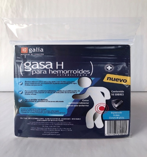 Gasa H para hemorroides esterilizada 10cmX10cm Tipo IV 8 capas 24X20 Bolsa 10 pzas