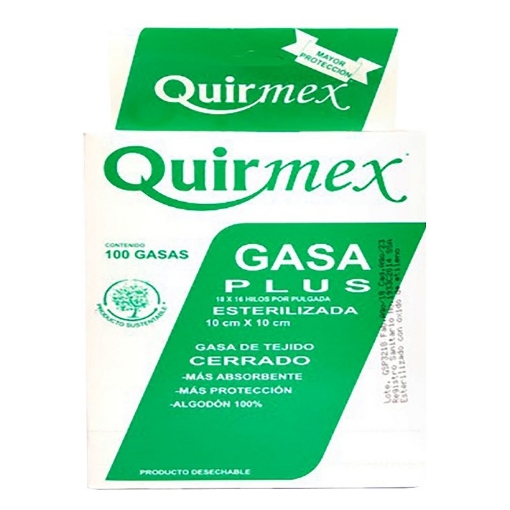 Gasa Esteril Plus Quirmex 10cm x 10cm paquete con 100 pzas.