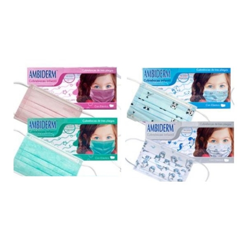 Cubrebocas Ambiderm Desechable de 3 Capas Infantil caja c/50pi