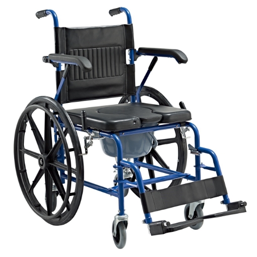 Silla de ruedas Infinity con comodo de acero y brazos abatibles, color negro con azul rey