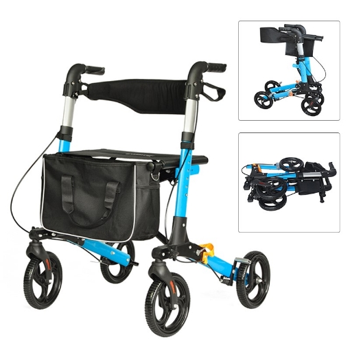 Andadera Rollator Infinity de Aluminio plegable, con asiento, cuatro llantas y freno de mano, Azul